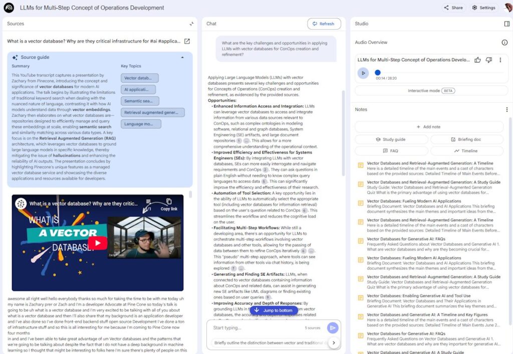 Screenshot of NotebookLM interface, used for Artificial Intelligence research on Vector databases.